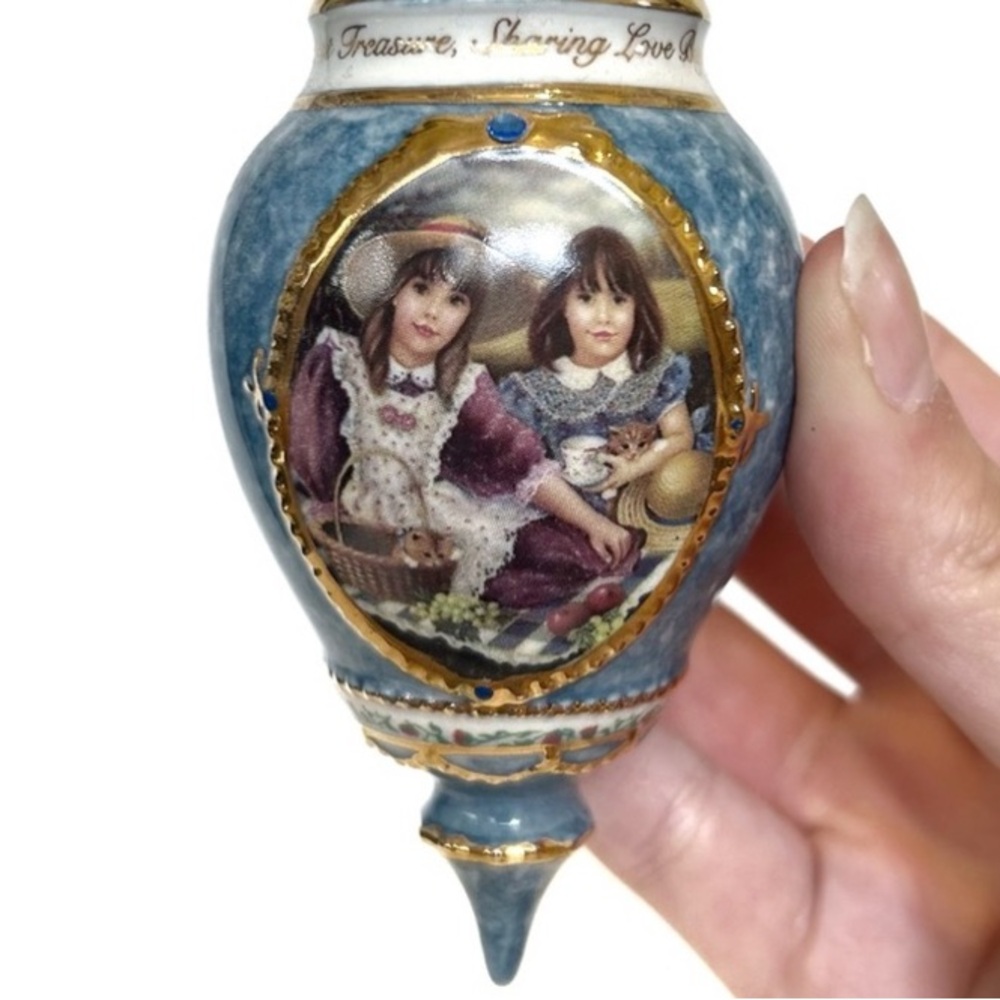 Vintage 1996 Chantal Poulin Porcelain Decorative Ornament Sister Love Blue Gold